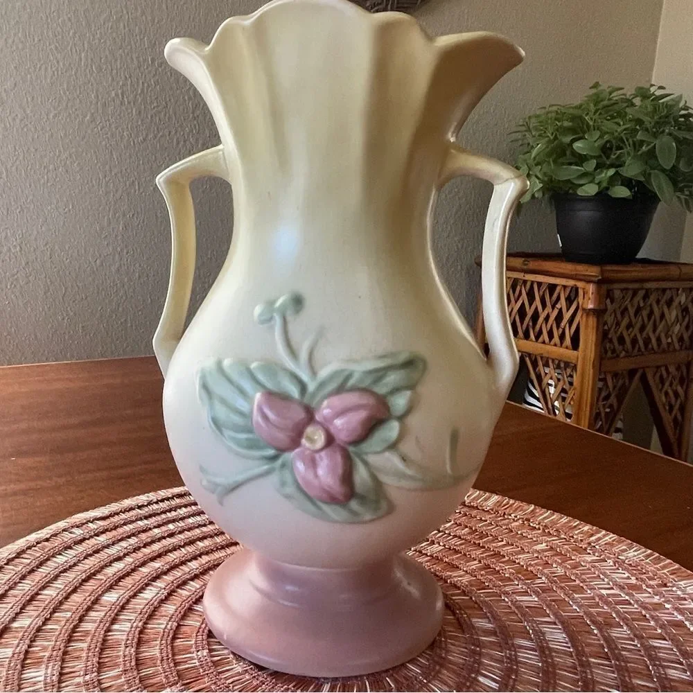 Vintage Hull Art Floral Double Handle Pottery Vase Pink Yellow Pink Green